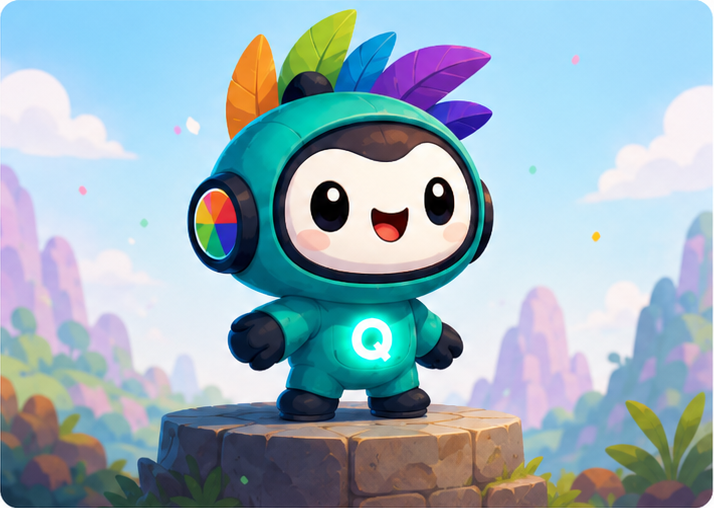 ColorQuest mascot standing in a colorful mountain scene
